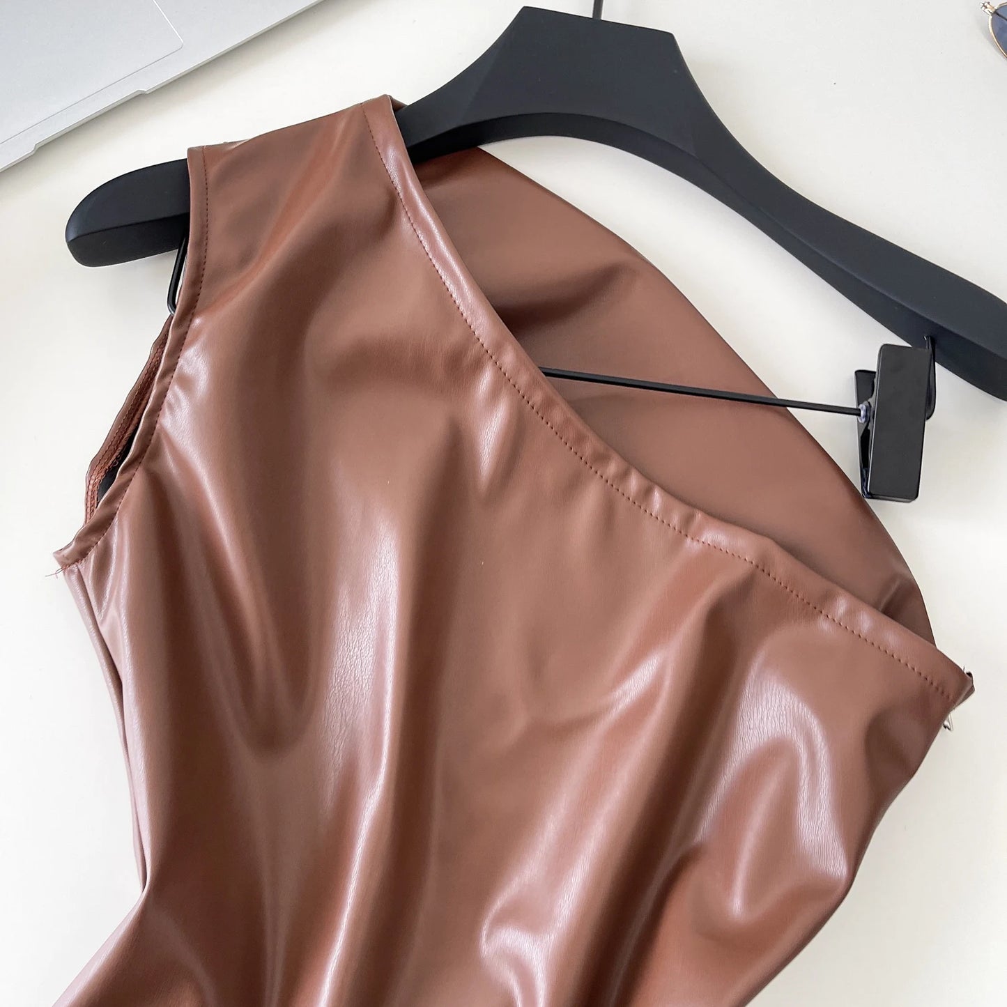 SINGREINY One Shoulder PU Leather Tank