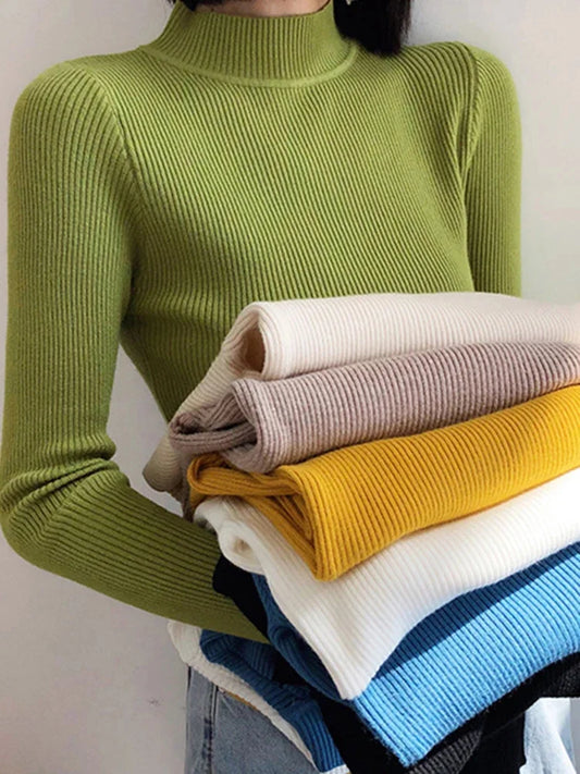 Autumn Winter Mock Neck Women Sweater Vintage Basic