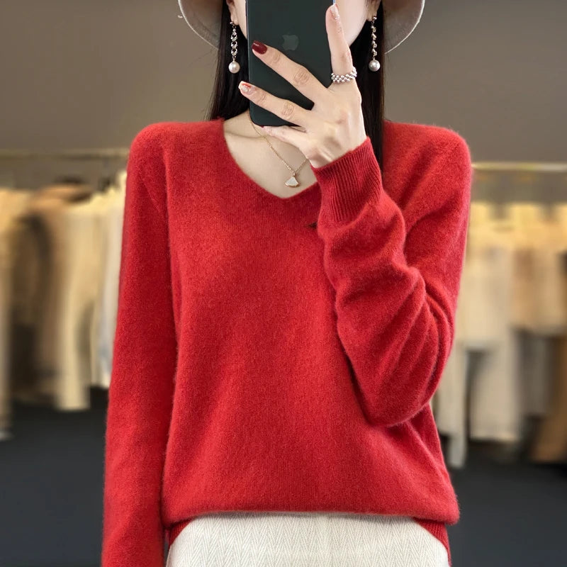 Merino Pure Wool V-neck Autumn And Winter Pullover Sweater