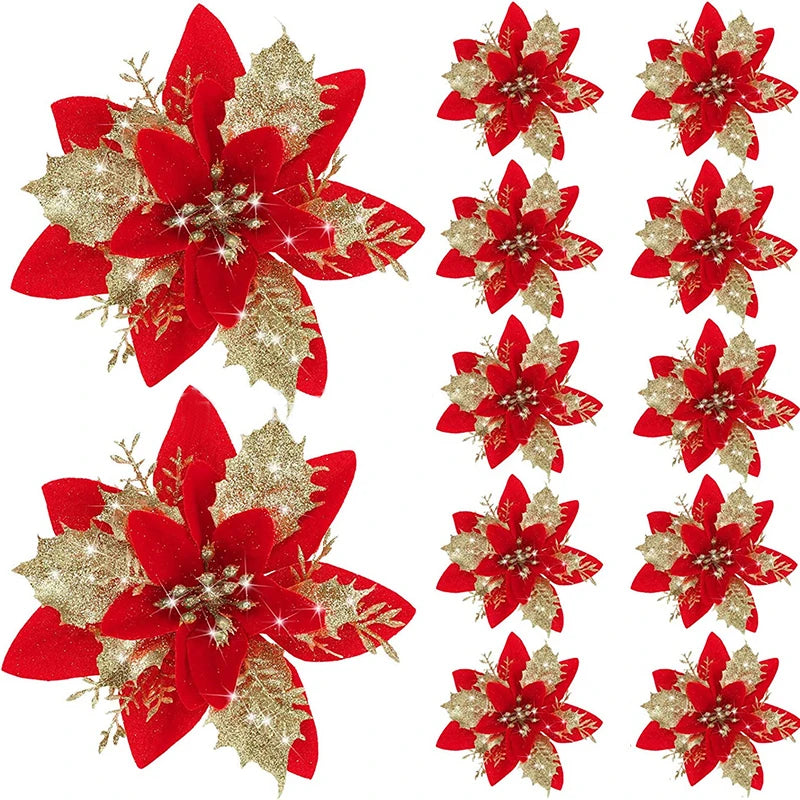 10/5/1pcs 14.5cm Glitter Artifical Christmas Flowers  Christmas Tree Decoration Happy New Year Ornaments Xmas Fake Flowers natal