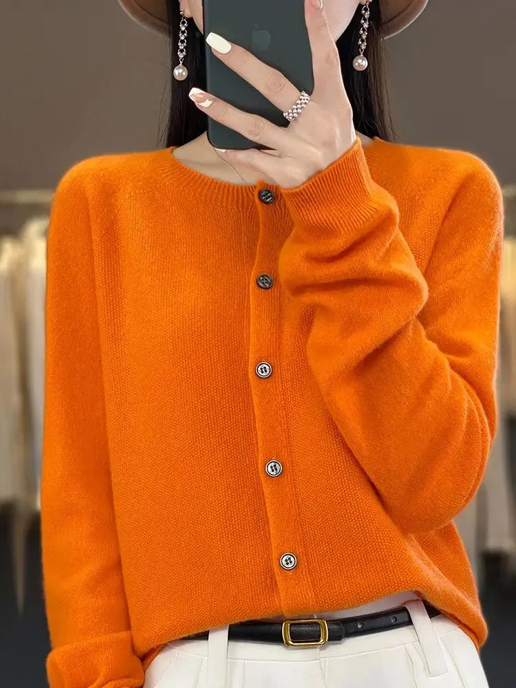 Cardigan Sweater O-Neck Button 100% Merino Wool
