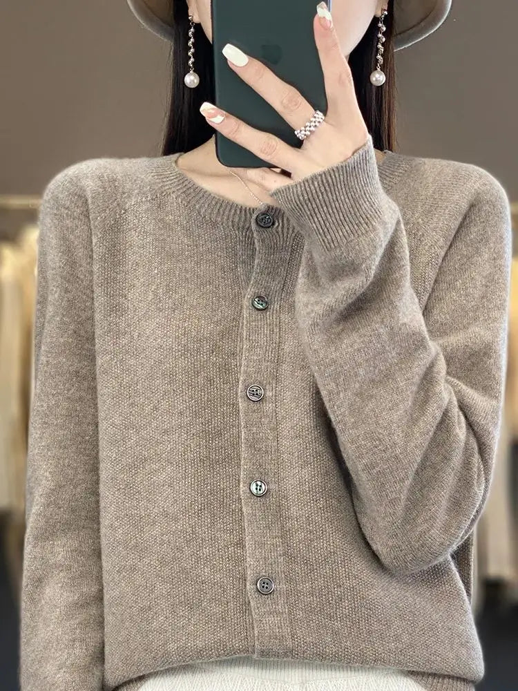 Cardigan Sweater O-Neck Button 100% Merino Wool