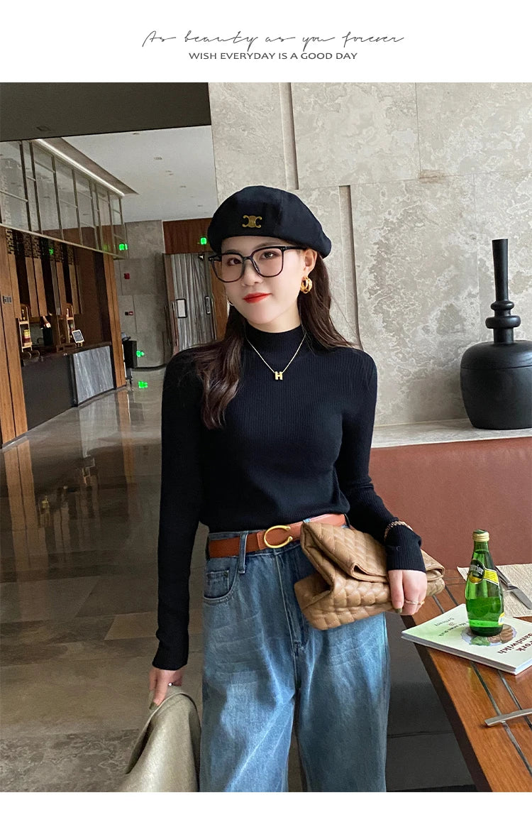 Autumn Winter Mock Neck Women Sweater Vintage