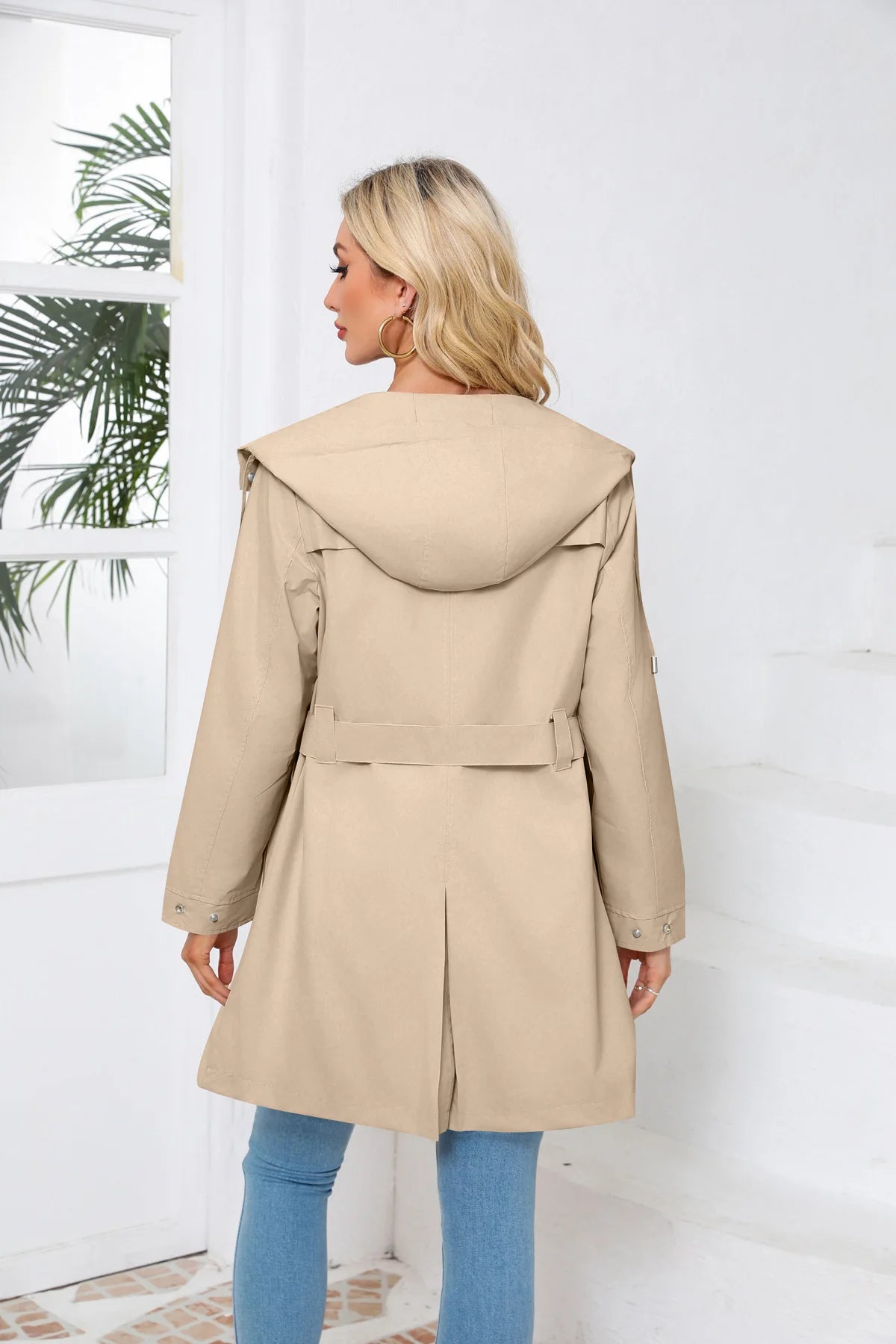Hooded Water-repellent Jacket with Belt Thin Casual Loose Trench Coat