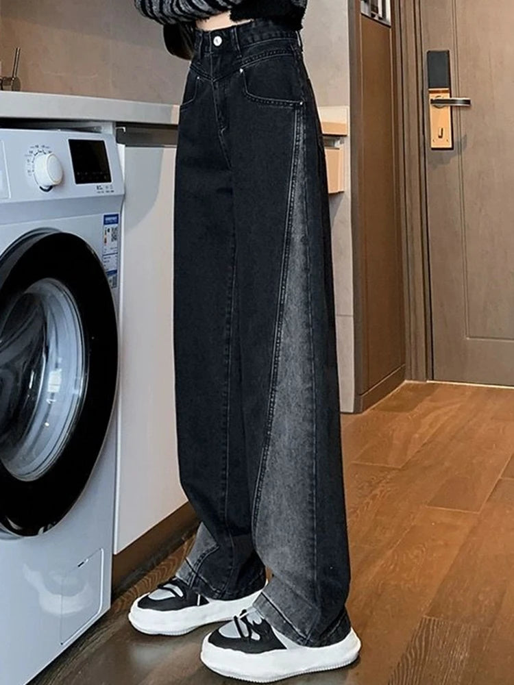 Woman High Waist Jeans Lady American High Street Patchwork