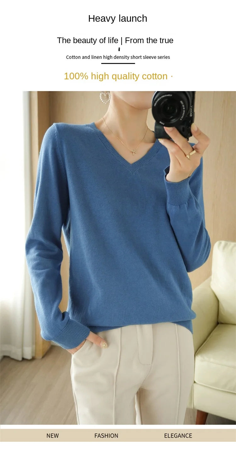 V-neck Knitted Sweater 100% Long Staple Cotton