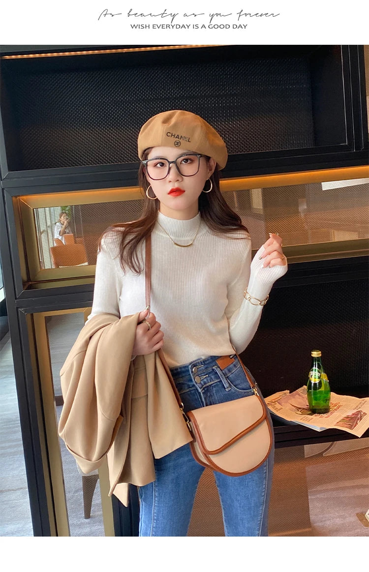 Autumn Winter Mock Neck Women Sweater Vintage