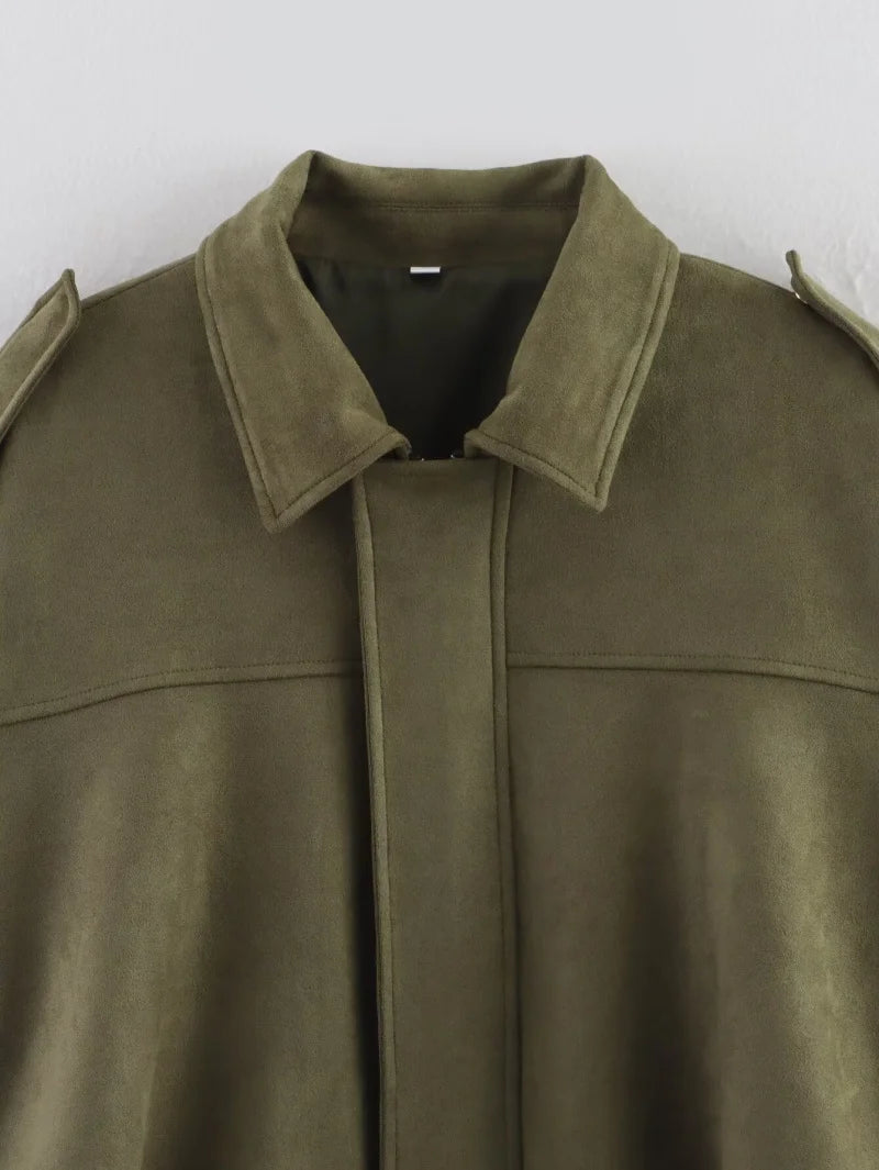 women's suede texture effect Loose version of fashion lapel shoulder bomber jacket