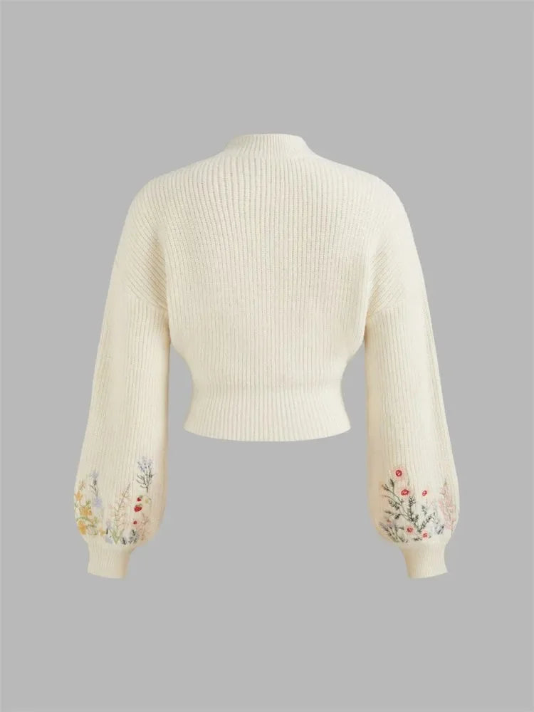 Casual Floral Embroidery Lantern Long Sleeve
