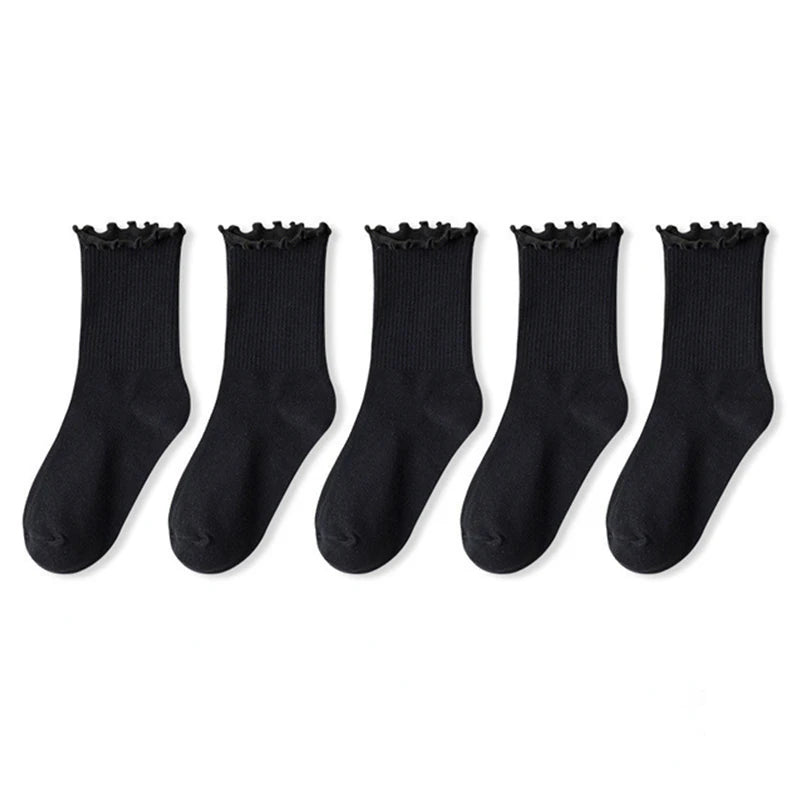 5 pair /Lot Socks for Women Ruffle Cotton Middle Tube Ankle