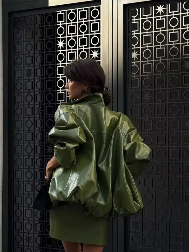 Olive Green Solid Leather Jacket