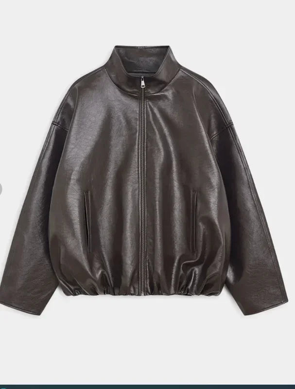 Olive Green Solid Leather Jacket