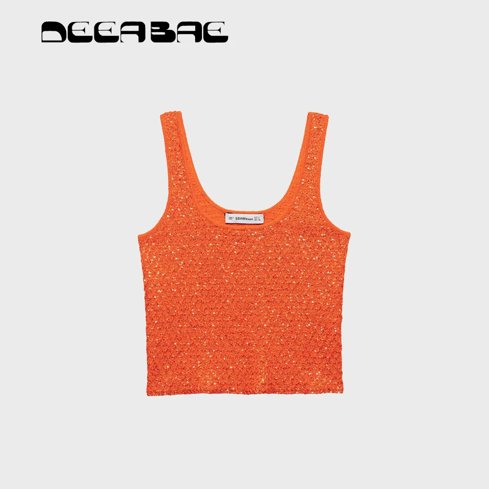 Simple Bead Decoration Round Neck Short Sleeve Knitted Top