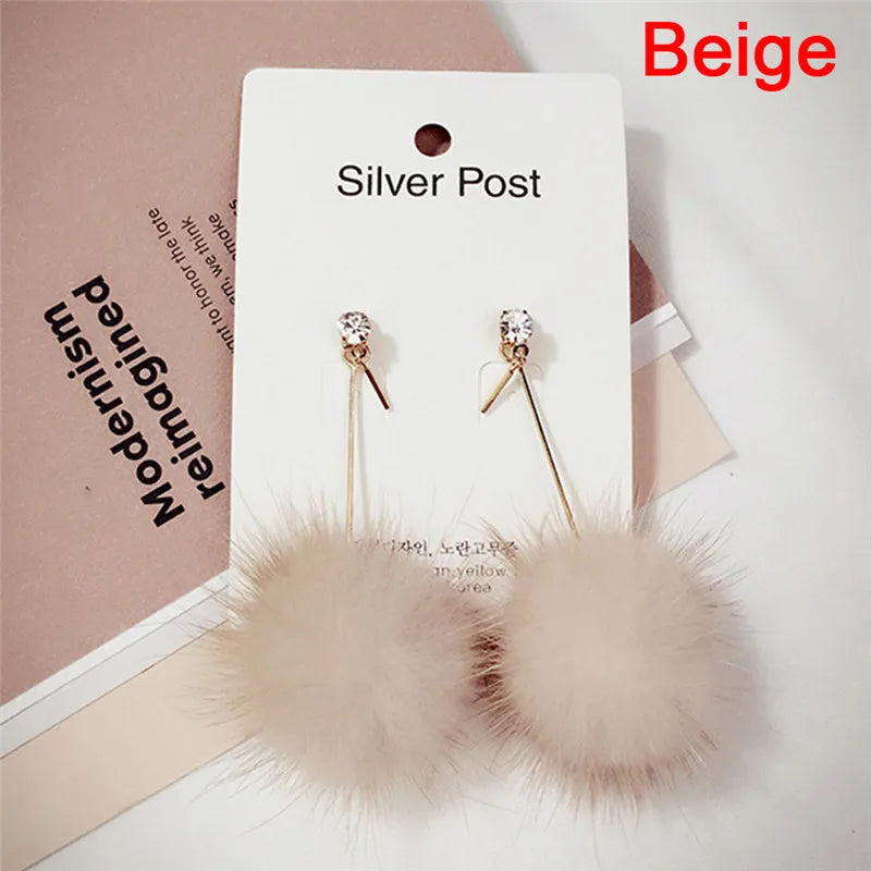 1Pair Soft Fur Ball PomPom Long Drop Earrings