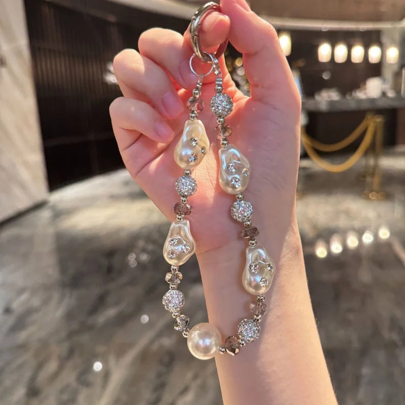 Luxury Pearl Crystal Bead Key Chains Charm Rhinestone Lanyard