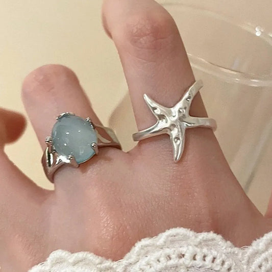 925 Sterling Silver Rings Handmade Simple Blue Stone Star