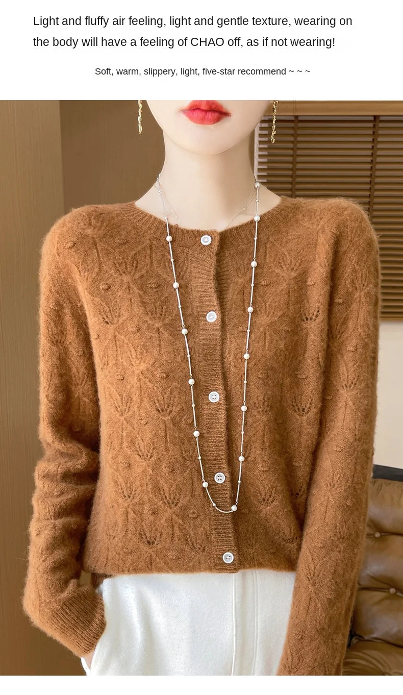 Round Neck Hollowed Out 100 Wool Knitted Cardigan