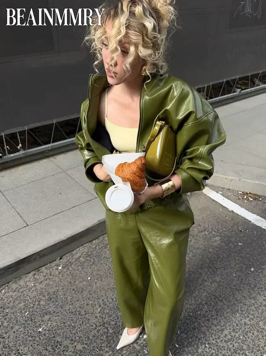 Olive Green Solid Leather Jacket