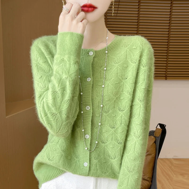 Round Neck Hollowed Out 100 Wool Knitted Cardigan