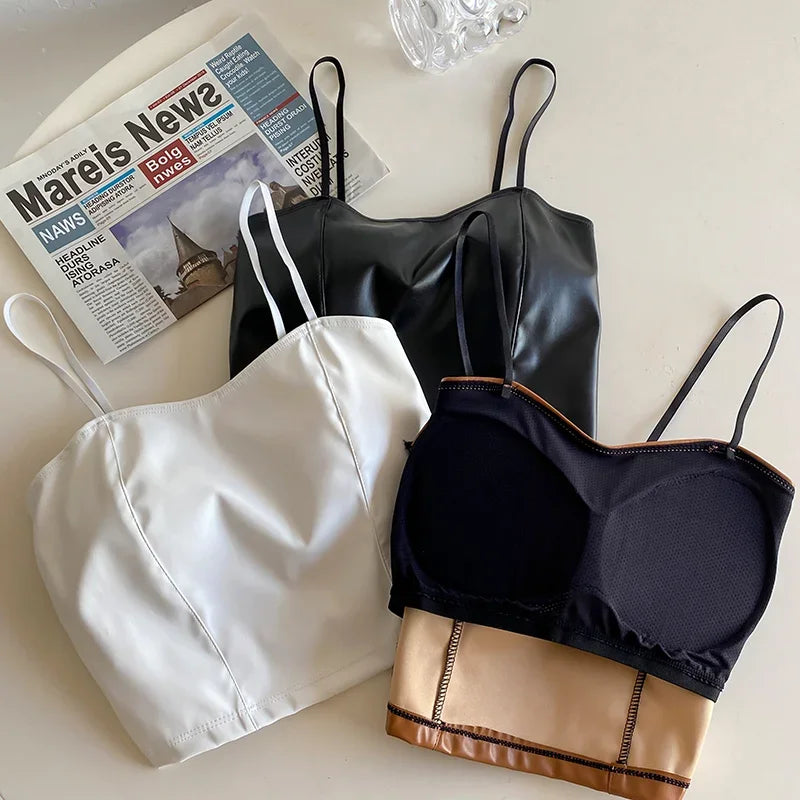 Women PU leather camis underwear padded bra