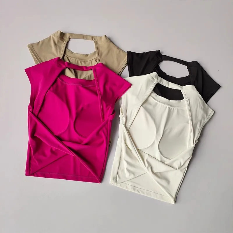Sexy Short Backless Fixed Chest Pad Sports T-shirt
