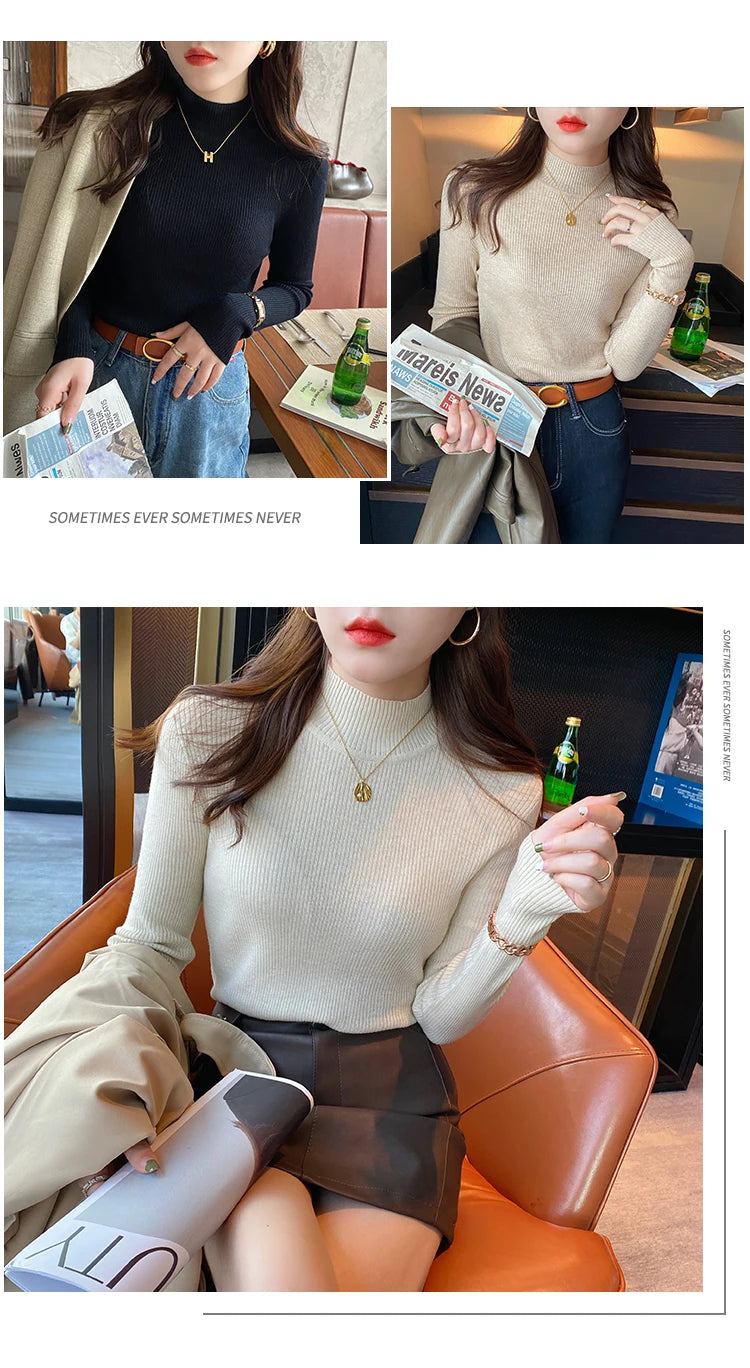 Autumn Winter Mock Neck Women Sweater Vintage