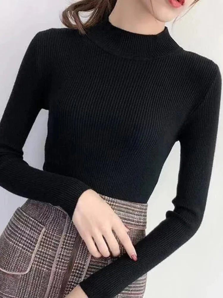 Autumn Winter Mock Neck Women Sweater Vintage Basic
