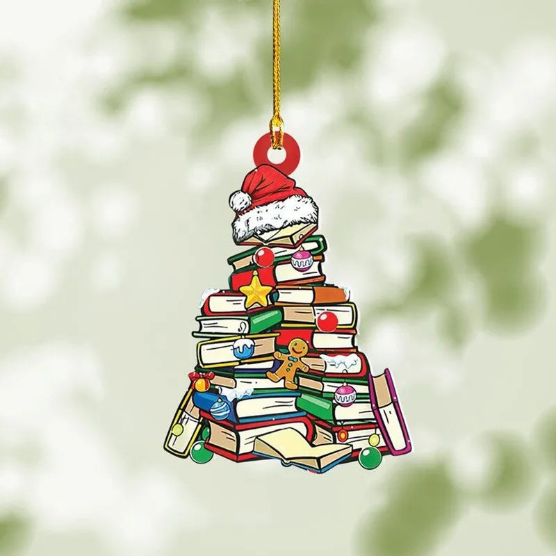2D Acrylic Flat Printing Books Pendant Home Tree Window Hanging Decor Gift For Book Lovers Creative Book Christmas Tree Ornament