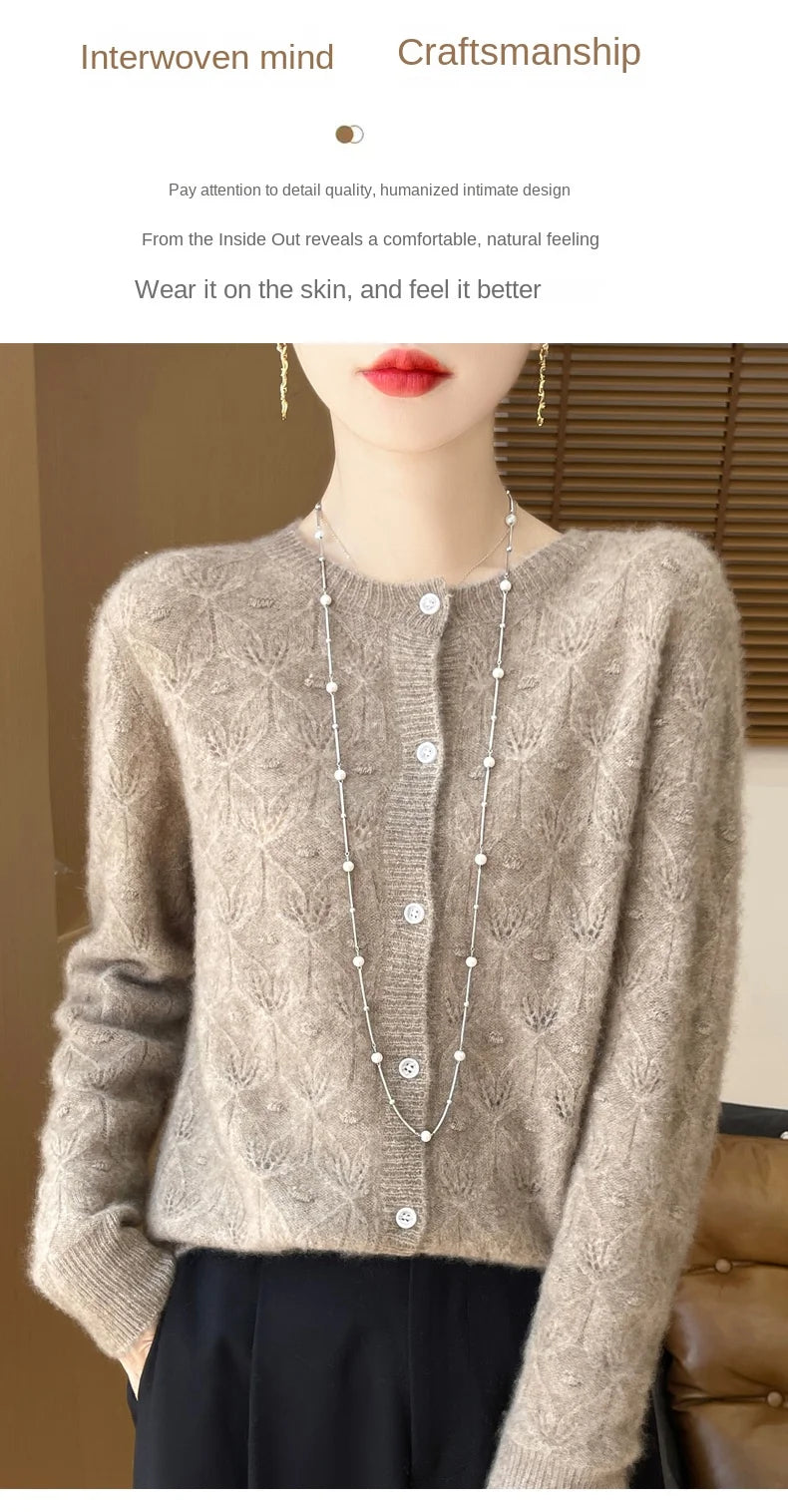 Round Neck Hollowed Out 100 Wool Knitted Cardigan