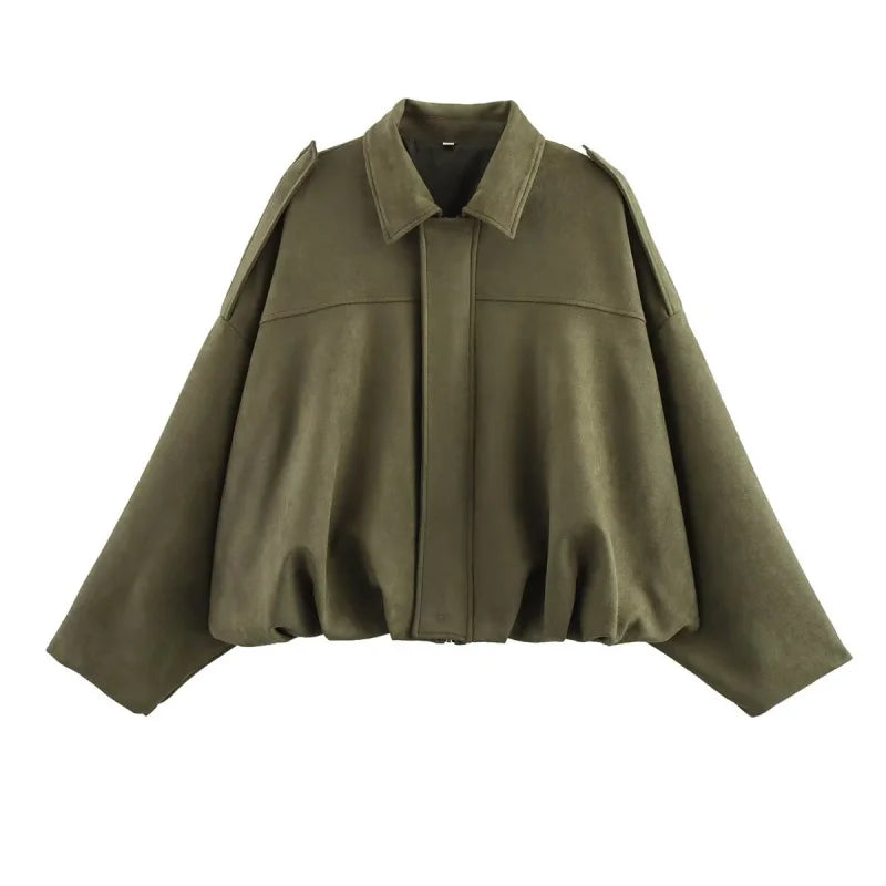 women's suede texture effect Loose version of fashion lapel shoulder bomber jacket