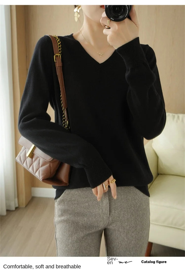 V-neck Knitted Sweater 100% Long Staple Cotton