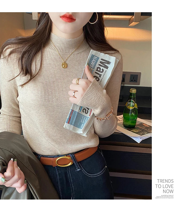 Autumn Winter Mock Neck Women Sweater Vintage