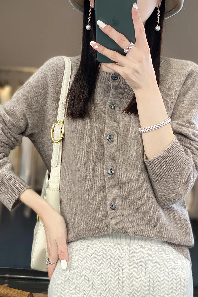 Cardigan Sweater O-Neck Button 100% Merino Wool