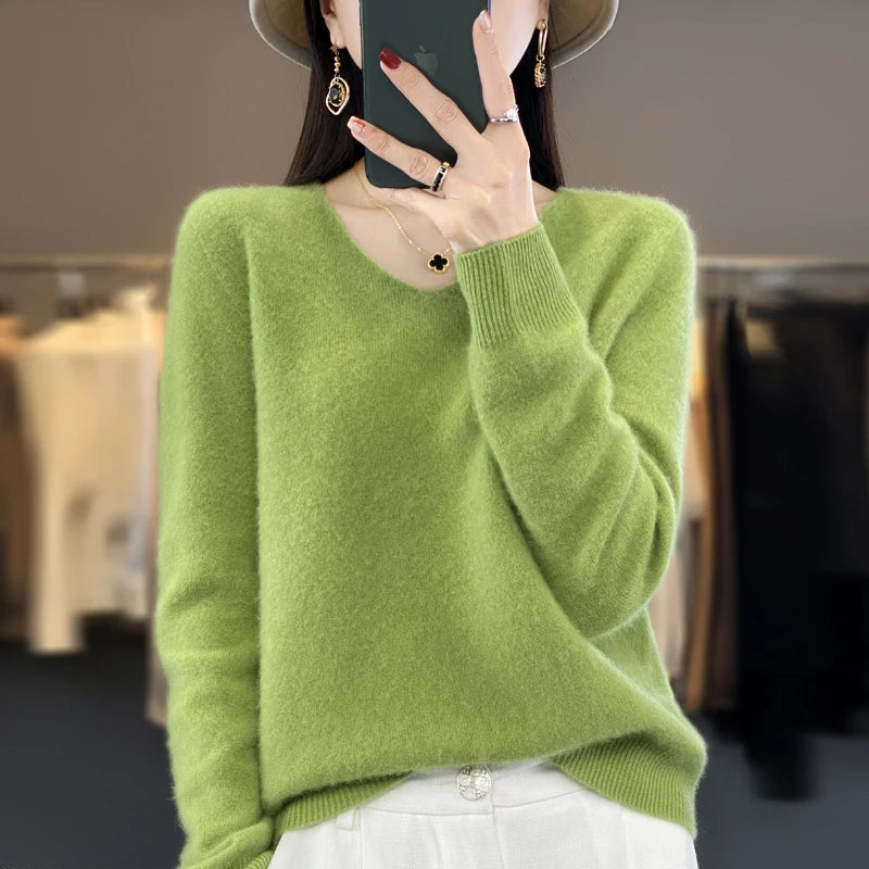 Merino Pure Wool V-neck Autumn And Winter Pullover Sweater