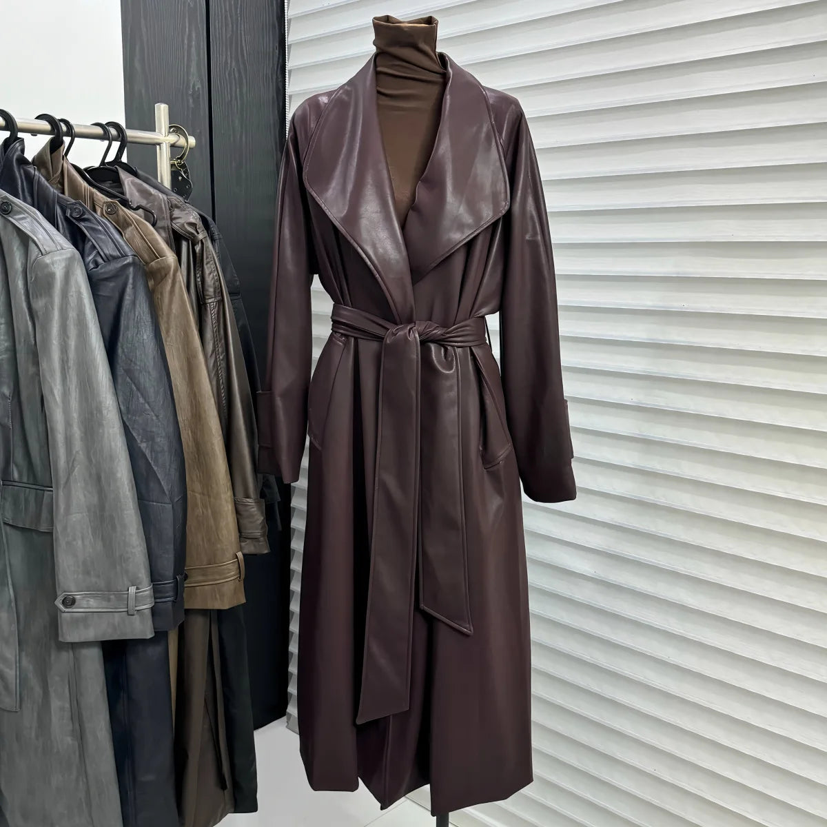 French temperament large lapel collar medium and long leather jacket