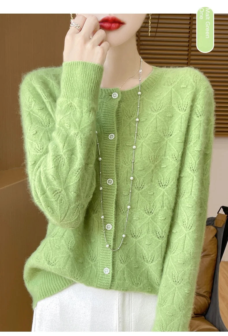 Round Neck Hollowed Out 100 Wool Knitted Cardigan