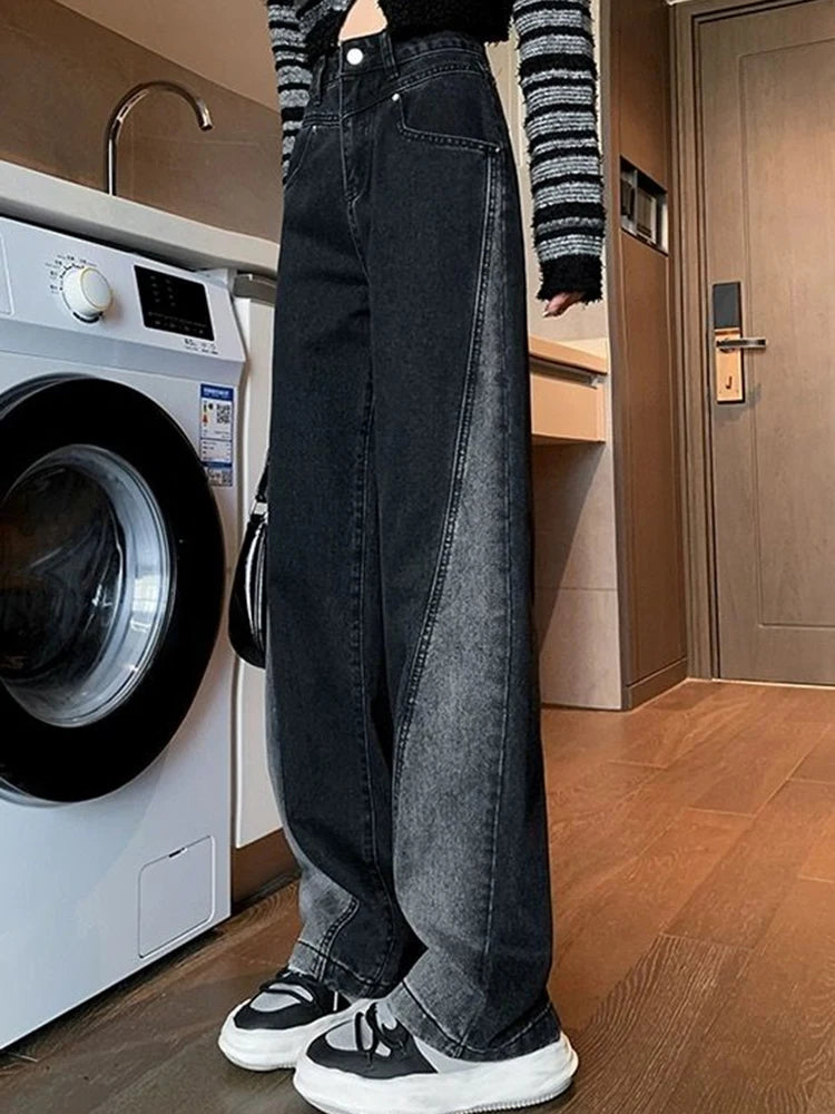 Woman High Waist Jeans Lady American High Street Patchwork