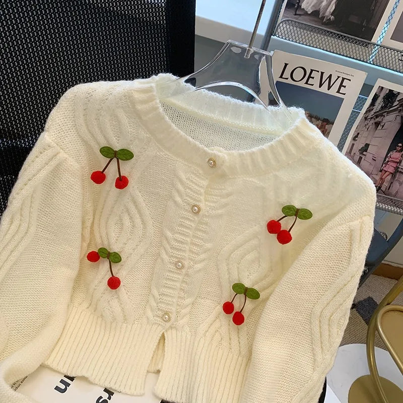 Women Cardigans 2024 New Korean Fashion Cherry Design