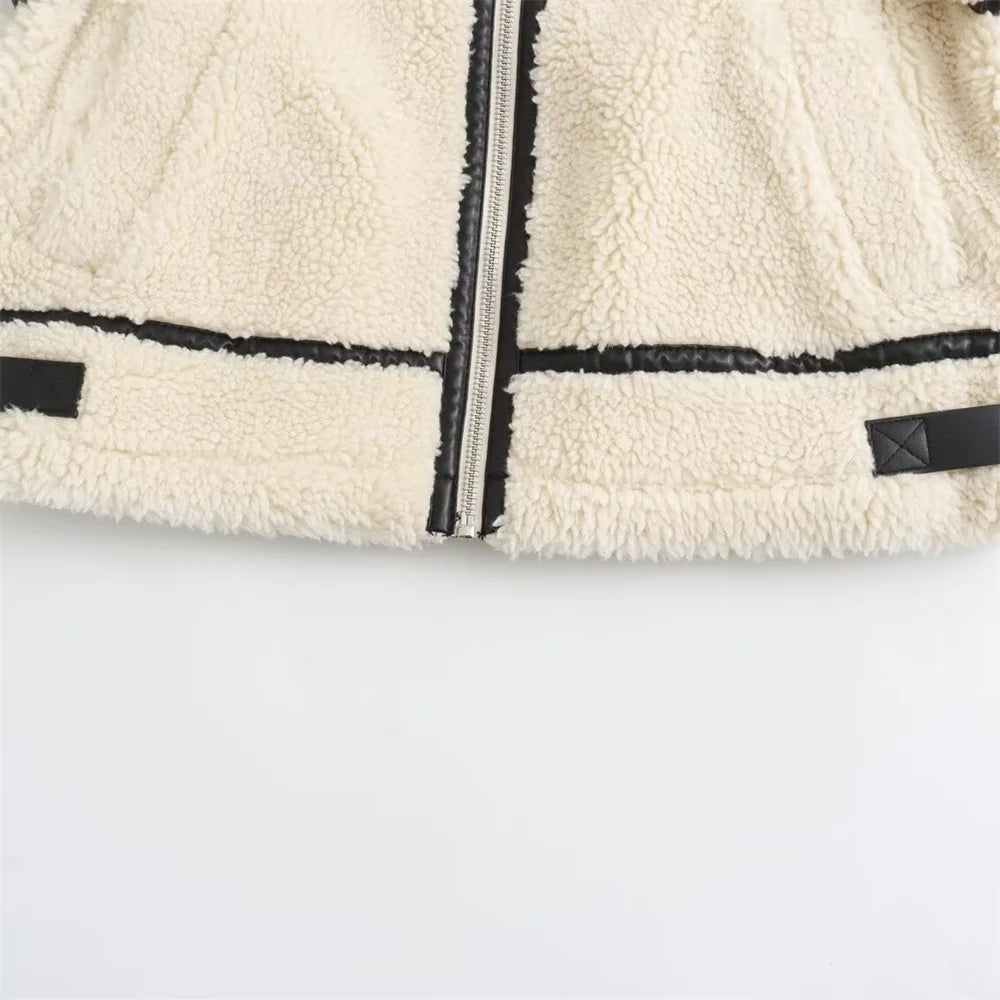 Artificial Fur Effect Motorcycle Jacket Coat with Fur Integration