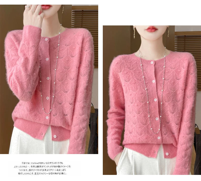 Round Neck Hollowed Out 100 Wool Knitted Cardigan