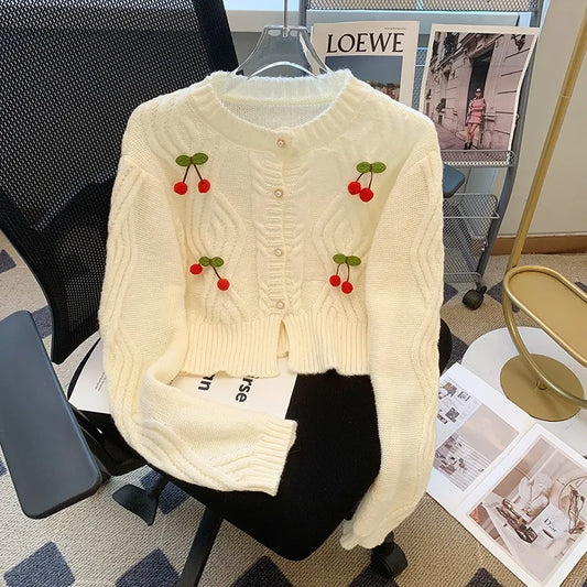 Women Cardigans 2024 New Korean Fashion Cherry Design