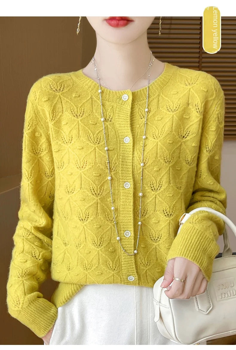 Round Neck Hollowed Out 100 Wool Knitted Cardigan