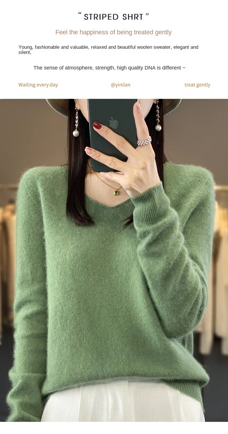 Merino Pure Wool V-neck Autumn And Winter Pullover Sweater