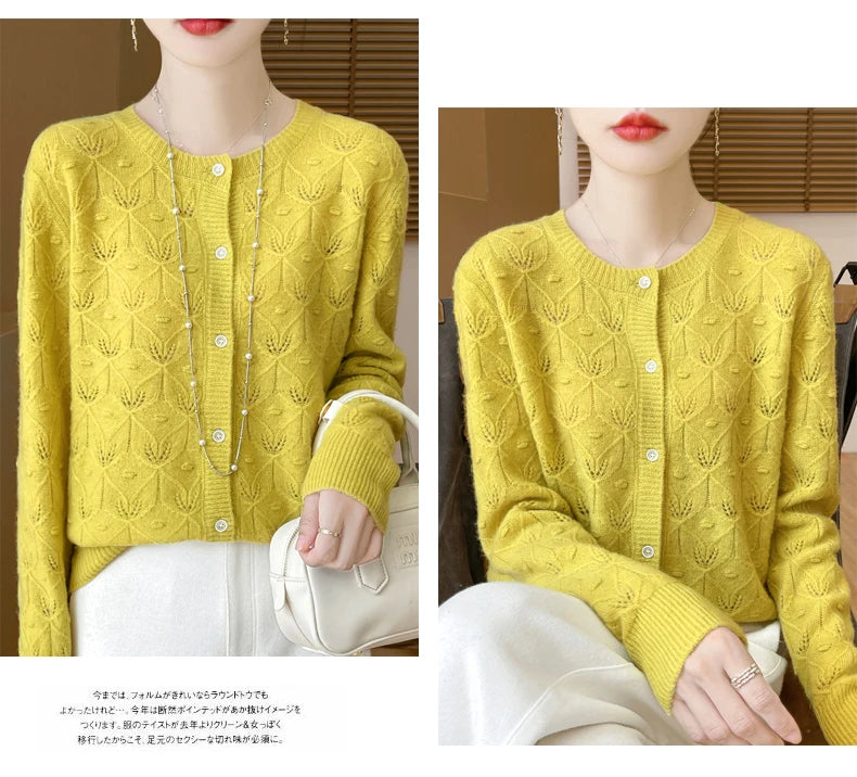 Round Neck Hollowed Out 100 Wool Knitted Cardigan