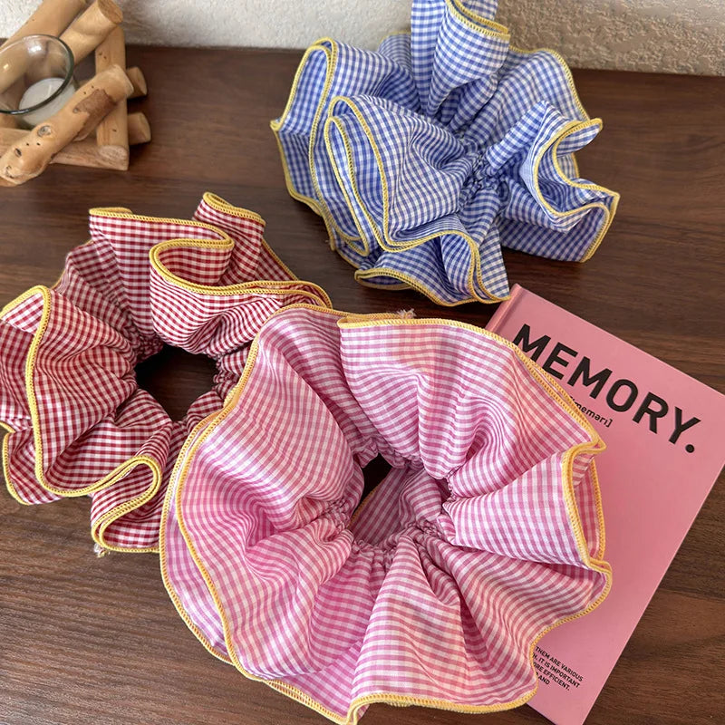 Retro Colorful Lattice Ruffles Hair Scrunchies Headbands