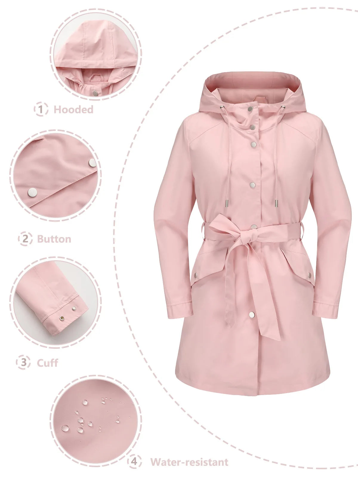 Hooded Water-repellent Jacket with Belt Thin Casual Loose Trench Coat