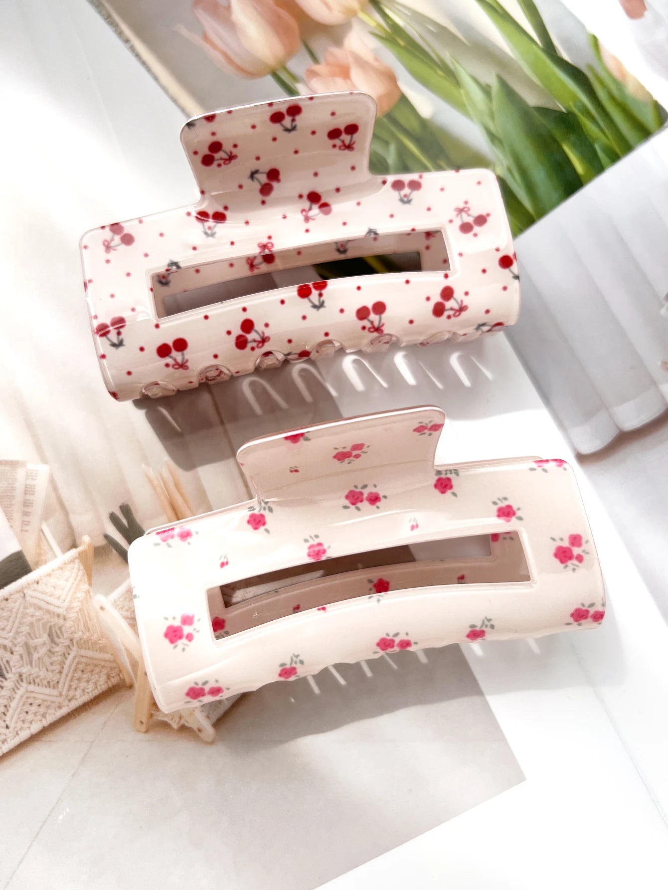 Pink Sweet Elegant Floral Cherry Hair Claw Clip Set