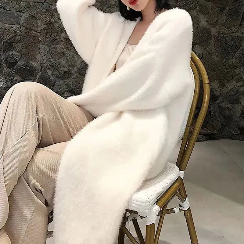 white Long Cardigan  Knitted fluffy long sleeve