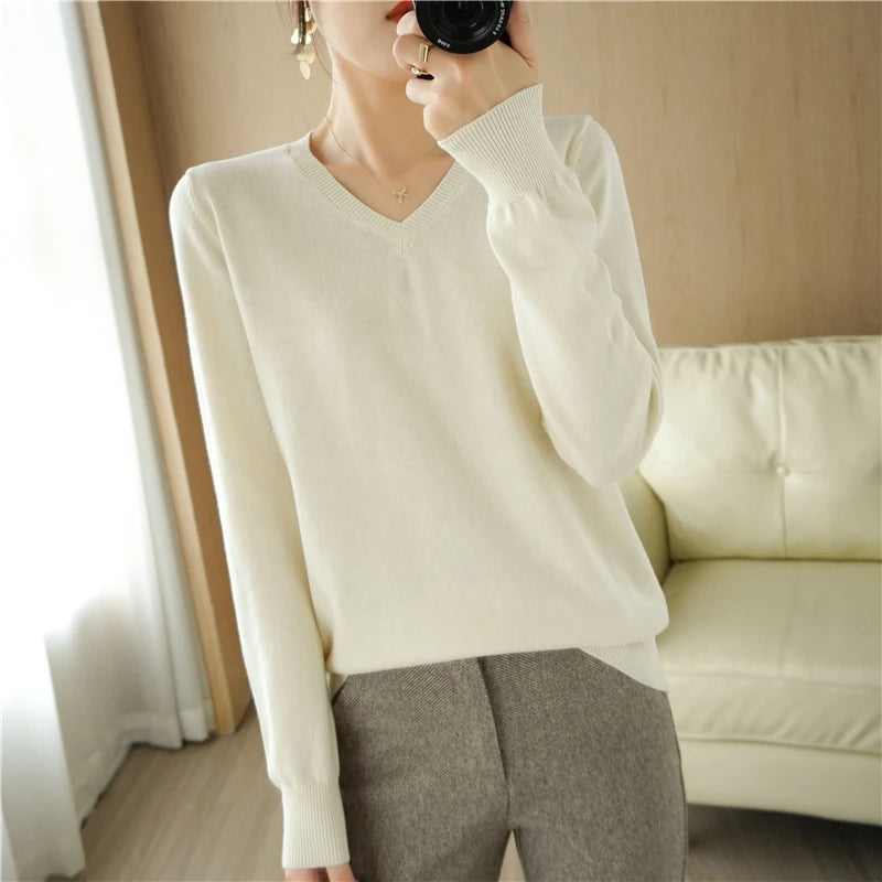 V-neck Knitted Sweater 100% Long Staple Cotton