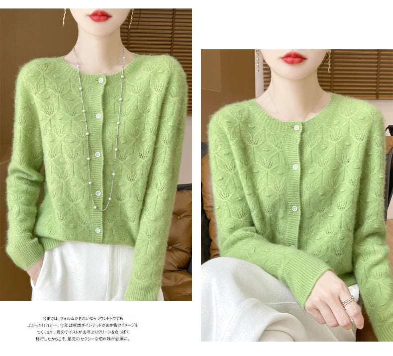 Round Neck Hollowed Out 100 Wool Knitted Cardigan
